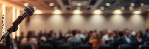 Blurred conference hall with microphone, small business training, public speaking concept, copy space, training, presentation