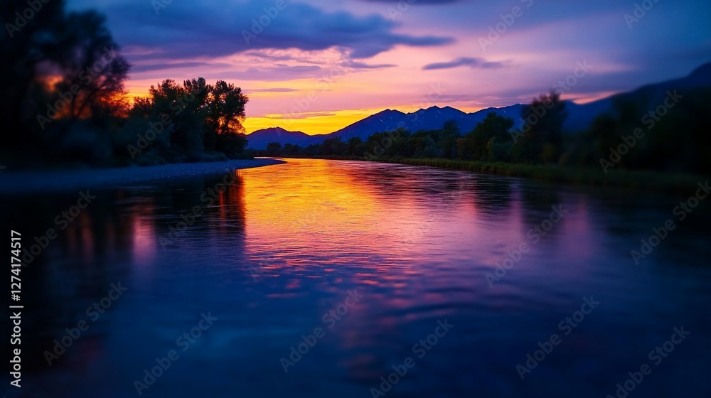Tranquil river scene with mountains reflecting a vibrant sunset glow Tranquil river scene with mountains reflecting a vibrant sunset glow