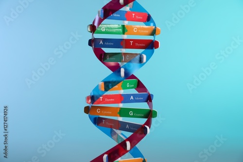 DNA structure model on light blue background, closeup