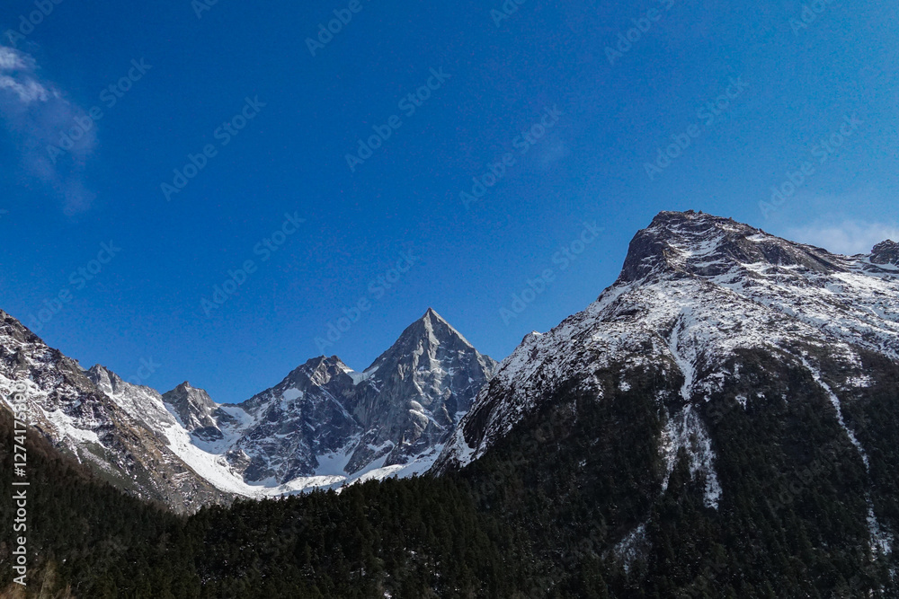Majestic snow-capped mountains under clear blue sky nature landscape outdoor serenity wide angle view natural beauty Majestic snow-capped mountains under clear blue sky nature landscape outdoor serenity wide angle view natural beauty