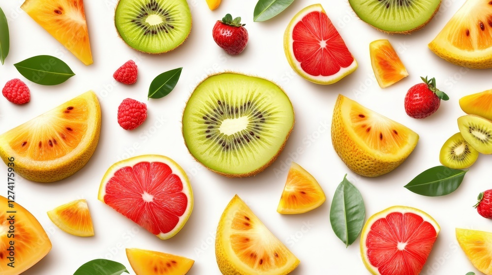 Naklejka premium A vibrant assortment of fresh fruits arranged beautifully, showcasing colorful slices of watermelon, kiwi, grapefruit, and strawberries against a clean white background.