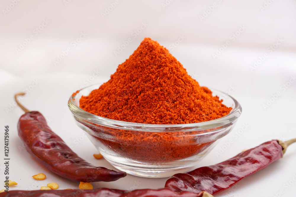 Chili powder is a seasoning blend of ground dried chills in a glass bowl with dried red chills on a white background. Chili powder is a seasoning blend of ground dried chills in a glass bowl with dried red chills on a white background.