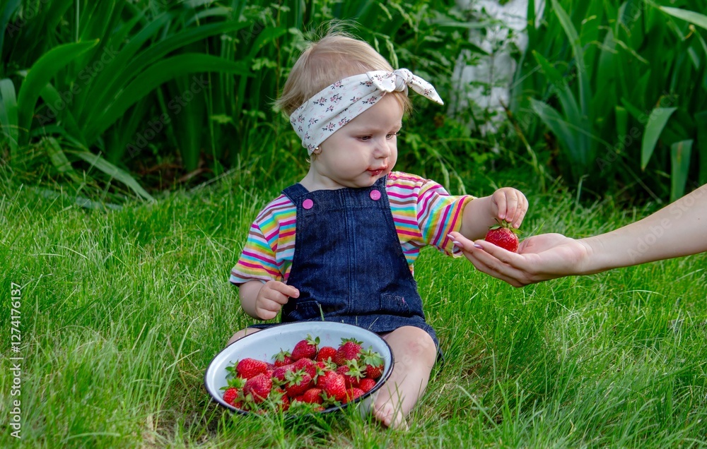 Little girl in the garden eating strawberries Little girl in the garden eating strawberries