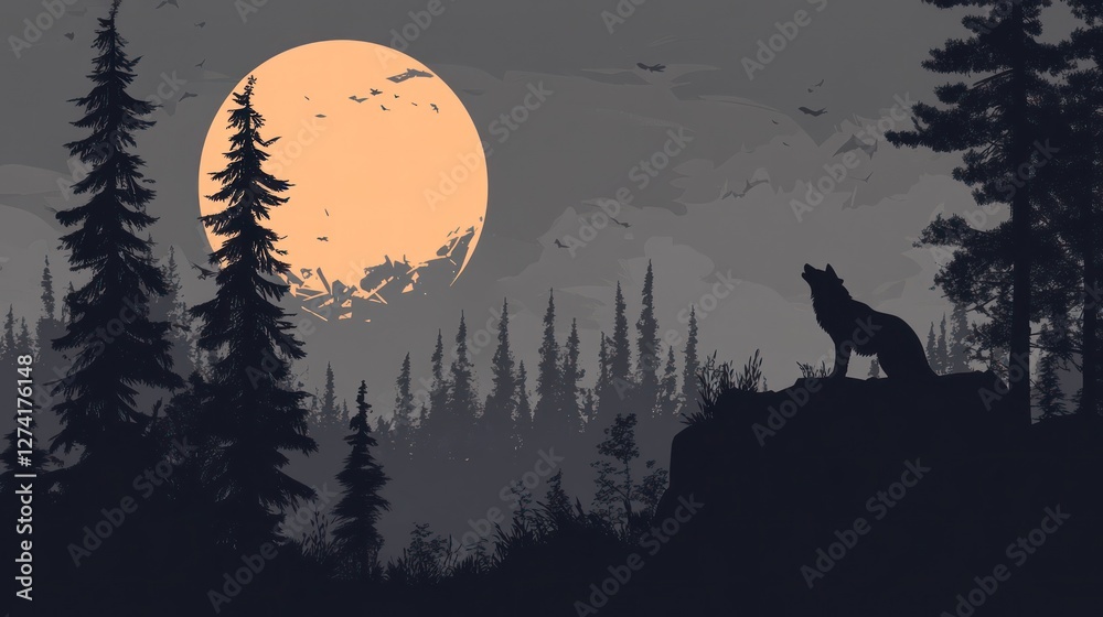 Fototapeta premium A wolf howls at the moon in the dark forest under a cloudy night sky; nature themed image