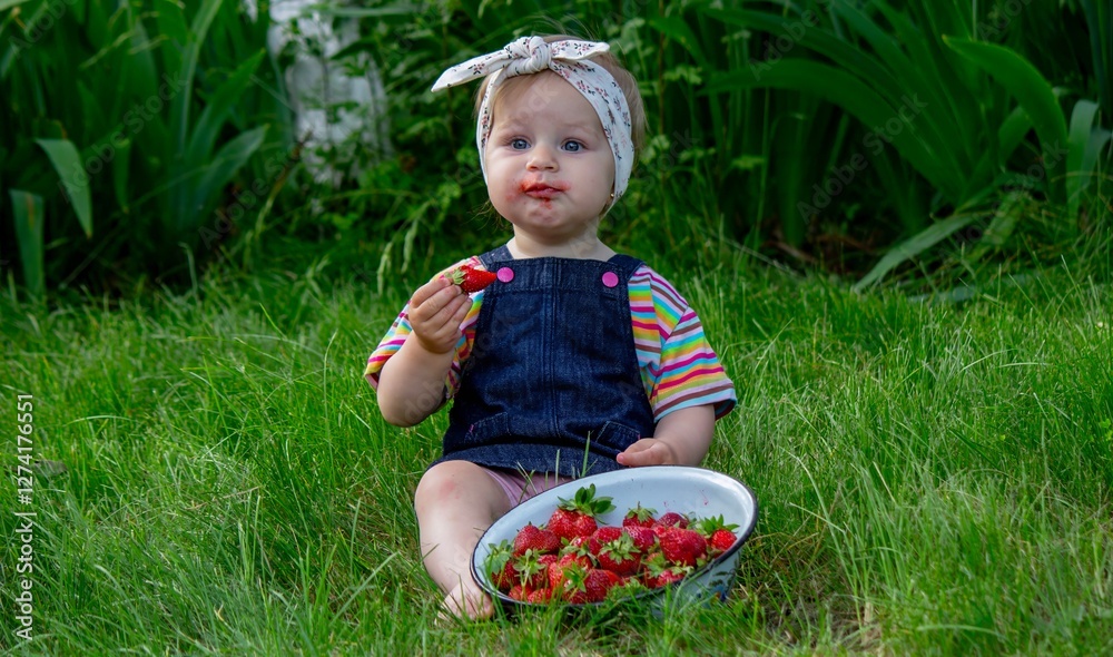 Little girl in the garden eating strawberries Little girl in the garden eating strawberries