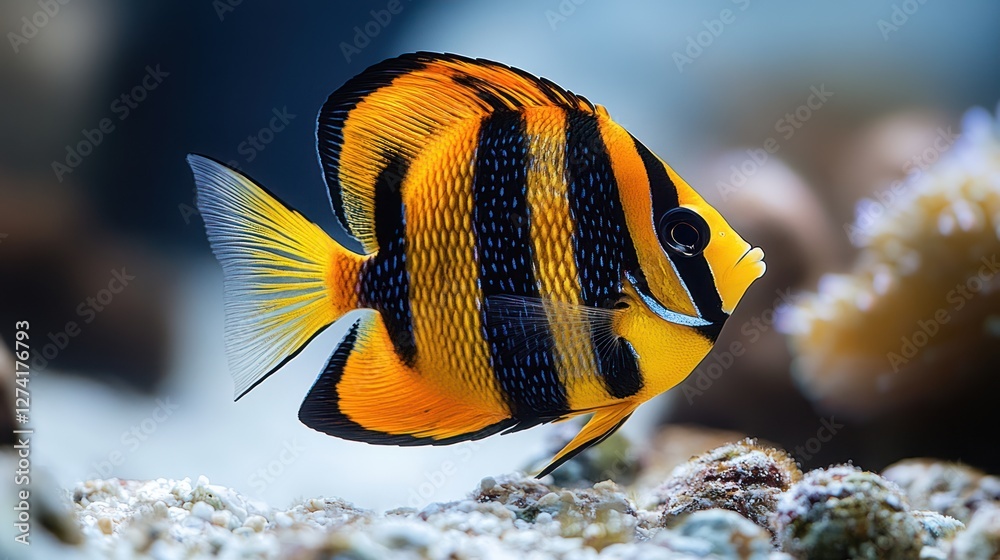 Naklejka premium A stunning butterflyfish with yellow and black markings, clean white background
