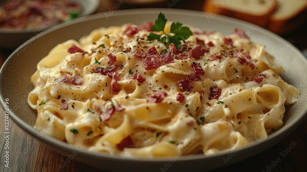 Creamy pasta dish with bacon, parmesan, and parsley garnish. Creamy pasta dish with bacon, parmesan, and parsley garnish.