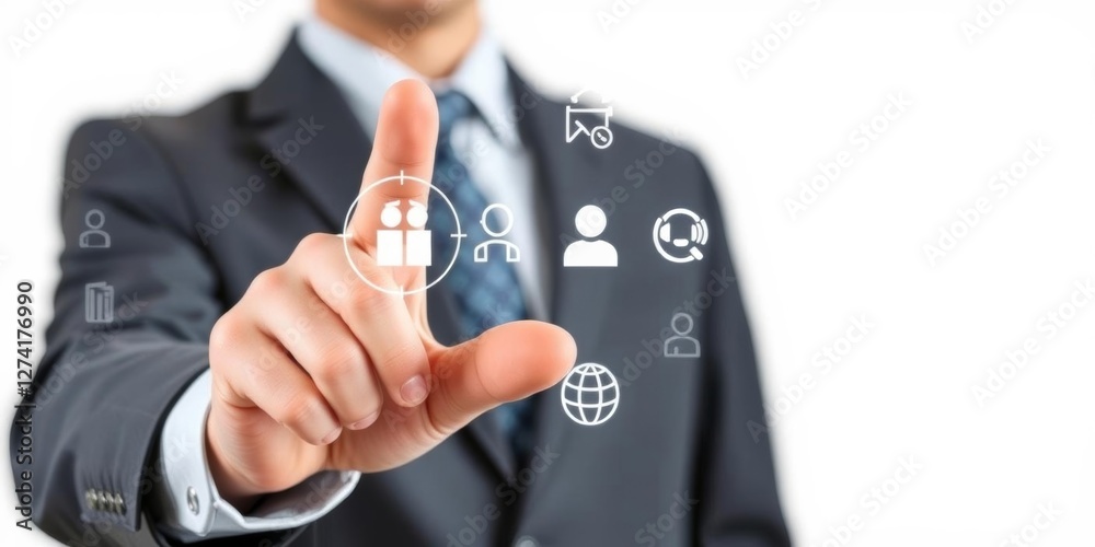 A businessman's hand pressing on various contact icons representing customer service concepts, isolated on white background with copy space for text, copy space, pressing A businessman's hand pressing on various contact icons representing customer service concepts, isolated on white background with copy space for text, copy space, pressing