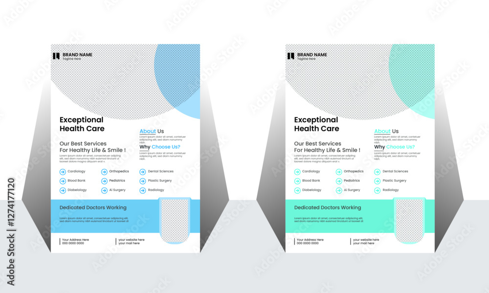 Obraz premium Medical flyer design template set, Flyer in A4 for medical services, Healthcare Flyer design, Medical Services Flyer Design, Abstract medical flyer design, healthy life Flyer Design.