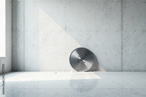 A circular saw blade rests on a polished concrete floor in an empty room, dust and debris scattered nearby, suggesting recent construction or demolition work.