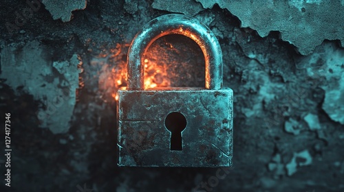 Broken padlock glowing ominously, law restriction prohibition enforcement, symbolizing consequences of forbidden actions