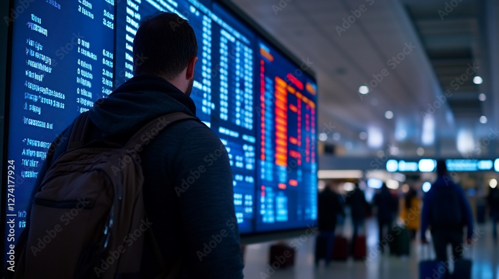 Traveler checking flight status at airport information board display Traveler checking flight status at airport information board display