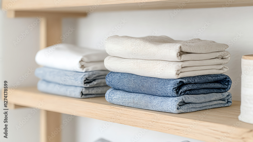 Neatly folded linen and denim fabrics on wooden shelves create serene display Neatly folded linen and denim fabrics on wooden shelves create serene display