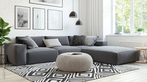 This serene urban living room features a grey sectional sofa, textured decor, and ample natural light