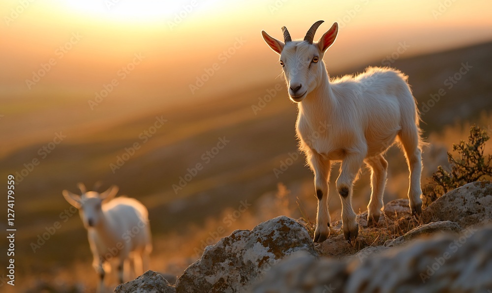 Two young goats bathed in the warm golden light of a late sunset Two young goats bathed in the warm golden light of a late sunset