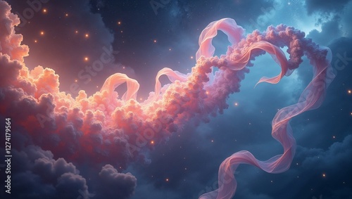 Iridescent Ribbon Illustration, Fluid Weightless Curves, Pastel and Gemstone Hues in an Ethereal Dimension