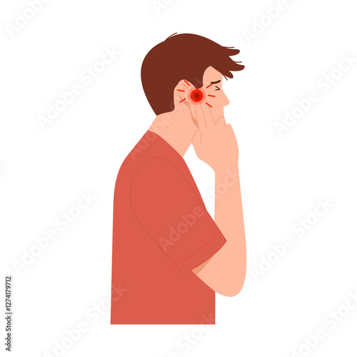 Vector illustration of a man having problems with his ears, hearing loss, deafness, and sensitivity to noise. Suffering from noise disturbance due to loud noise.