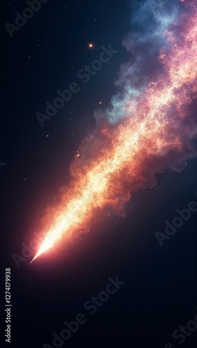 a breathtakingly detailed, ultra-high-resolution illustration of a cosmic tapestry, with a stunning spectral comet trail dominating the right periphery, its vibrant, iridescent hues diffusing into del