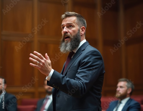 Bearded man passionately presents inside wood paneled room resembling courtroom formal setting. Men seated background listen. Speaker in suit actively articulates, debates, expresses thoughts.