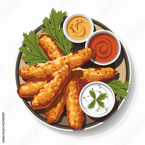 Crispy Indian Pakoras with Dipping Sauces – Vector Illustration