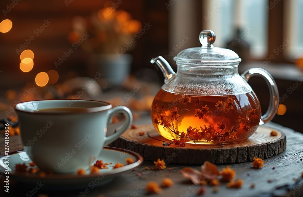Autumn herbal tea in glass teapot. Flower petals in tea. Cup with saucer on table. Hot drink on cold day in cozy log cabin. Aroma therapy, romantic mood. Traditional beverage. Autumn herbal tea in glass teapot. Flower petals in tea. Cup with saucer on table. Hot drink on cold day in cozy log cabin. Aroma therapy, romantic mood. Traditional beverage.