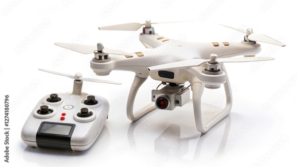 White Drone with Remote Control on White Background White Drone with Remote Control on White Background