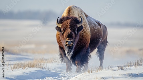 Bison in snowy field; wildlife; winter scene; nature; scenic; powerful; majestic photo