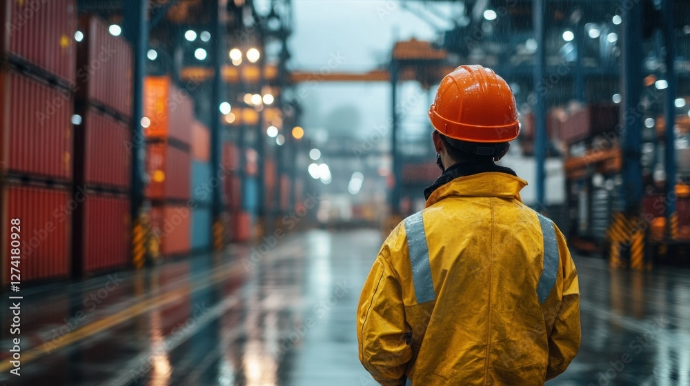Worker in Safety Gear Observing Shipping Containers at Warehouse During Rainy Evening Conditions Worker in Safety Gear Observing Shipping Containers at Warehouse During Rainy Evening Conditions