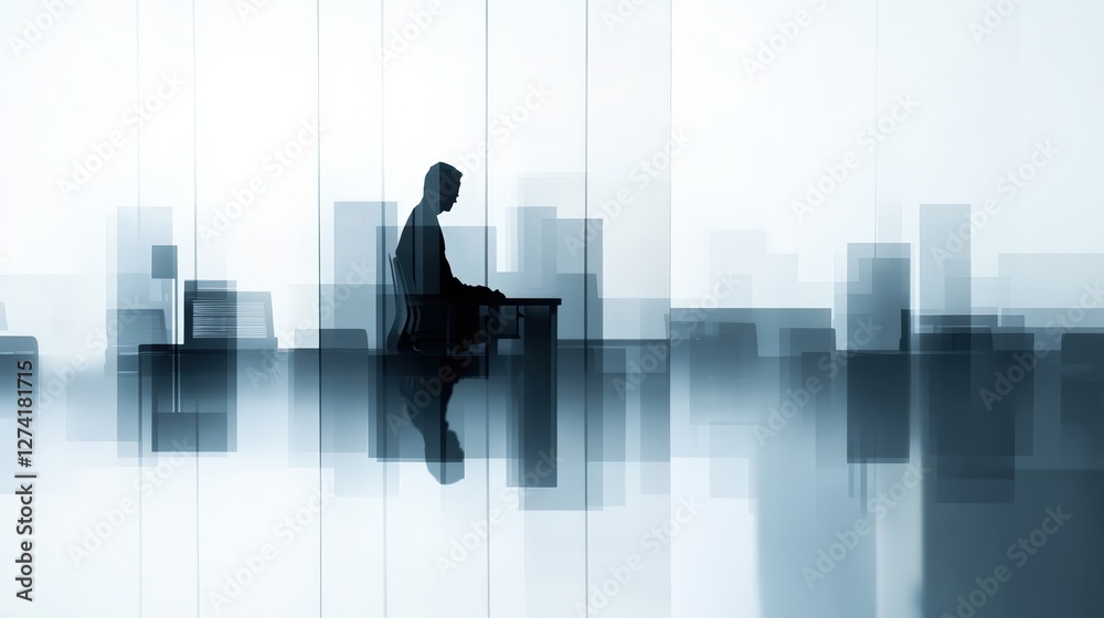 Fototapeta premium A silhouette of a person sitting alone, surrounded by ethereal cityscape reflections, conveying themes of solitude, introspection, and the complexity of urban life.