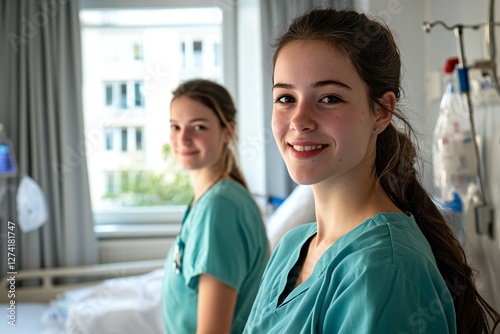 2 diverse azubis im alter von 16 - 18 jahren in einem krankenhaus als krankenpfleger  photo