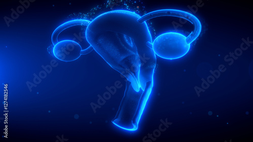 Futuristic holographic digital representation of the female reproductive system, including the uterus, fallopian tubes, and ovaries, glowing in blue neon with a sci-fi anatomy visualization concept.