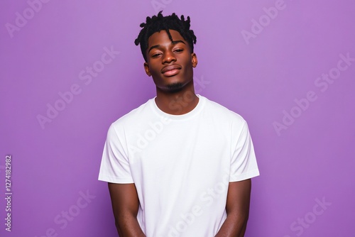 oversized white t-shirt mock up, front side tshirt mockup, african american man model on violet background