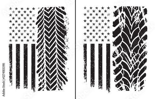 Off-Road Patriot. Grunge American Flag with Tire Tracks