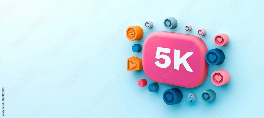 Social Media 5K Follower Milestone Celebration with 3D Icons, Isolated on Blue Background Social Media 5K Follower Milestone Celebration with 3D Icons, Isolated on Blue Background