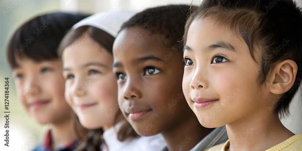 Diverse children smiling together outdoors portrait natural light close-up unity in diversity Diverse children smiling together outdoors portrait natural light close-up unity in diversity