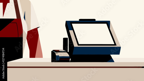 Flat illustration of retail point of sale terminal with cash register and scanner in store interior. Concepts: commerce, retail, technology, cashier desk, shopping, equipment, payment.