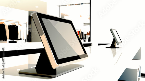 Two sleek tablets mounted on retail counter display. Clean white surface with clothing store backdrop. Modern shopping environment. Concept: digital retail, self-service kiosk, interactive shopping