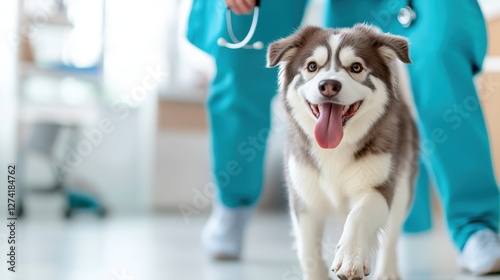 A joyful dog walks into a veterinary office, radiating happiness and curiosity, perfectly capturing the bond between pets and their caregivers in a friendly environment. photo