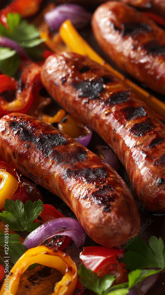 Closeup sausages with peppers and onions vertical