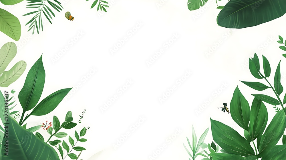Naklejka premium Lush Green Tropical Leaves Frame White Background