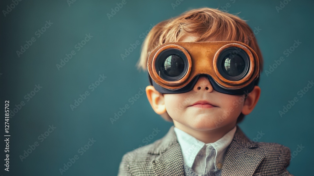 A young boy wearing virtual reality goggles, pretending to be a tech innovator A young boy wearing virtual reality goggles, pretending to be a tech innovator