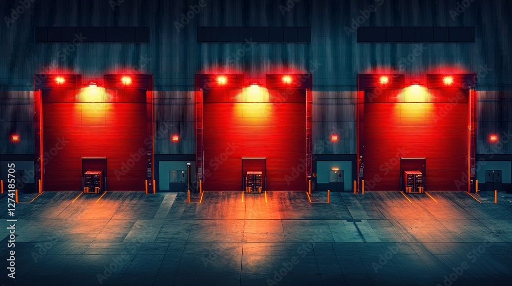 Industrial Warehouse with Red Lights and Loading Docks at Night in Urban Environment Industrial Warehouse with Red Lights and Loading Docks at Night in Urban Environment