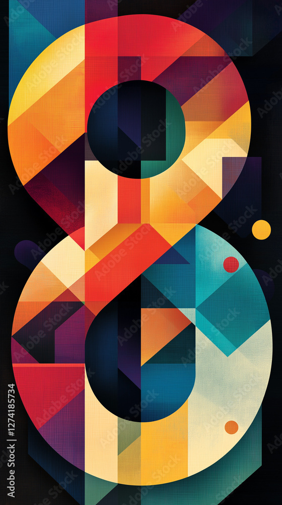 Number eight with geometric shapes and bright colors