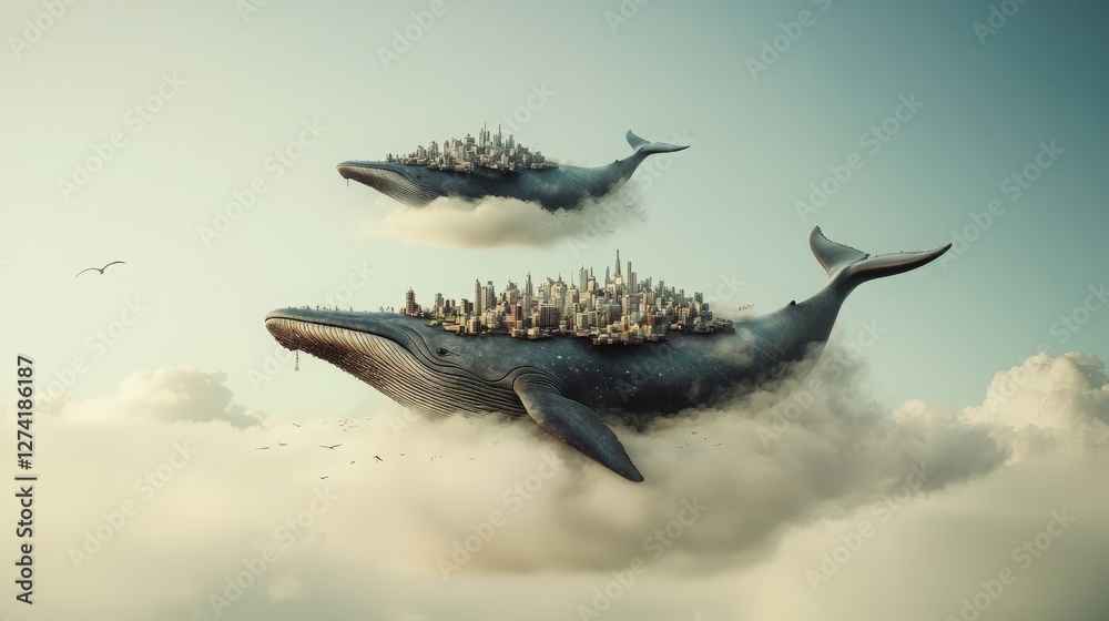 Obraz premium Two Whales Carrying Cities in the Clouds