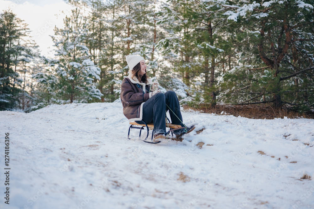 Happy young woman sledding down a hill in forest in winter day. Happy young woman sledding down a hill in forest in winter day.