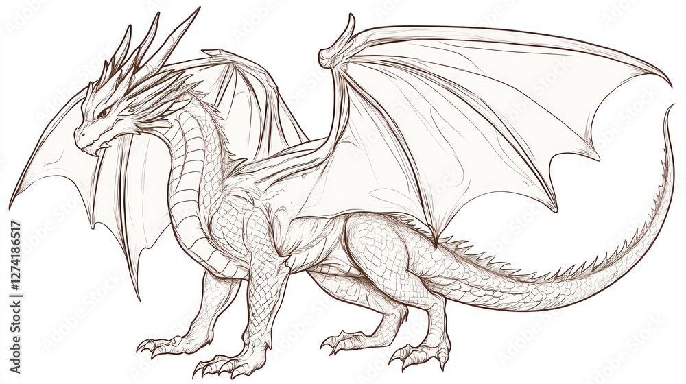 Fototapeta premium Line drawing of a fantasy dragon