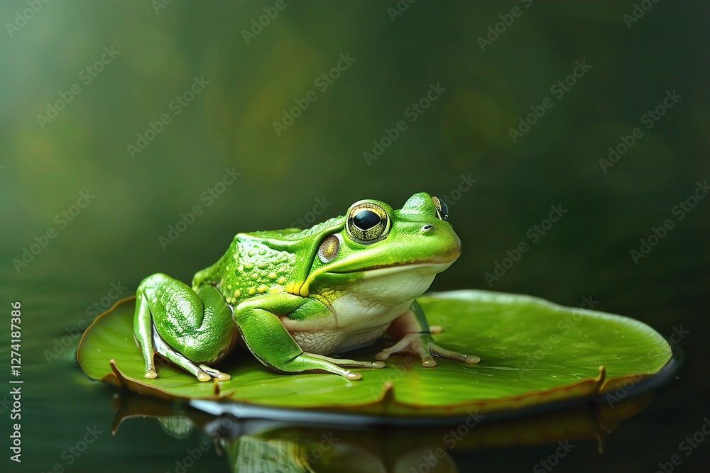 A green frog perched on a lily pad in serene water, showcasing vibrant colors and calm reflections. Entrepreneurial Frog, Patience and Strategy for Business Success A green frog perched on a lily pad in serene water, showcasing vibrant colors and calm reflections. Entrepreneurial Frog, Patience and Strategy for Business Success
