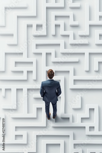 Businessperson navigating maze of challenges office conceptual image abstract aerial view strategy