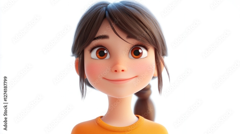 Smiling girl, 3D render, white background, playful mood, children's illustration Smiling girl, 3D render, white background, playful mood, children's illustration
