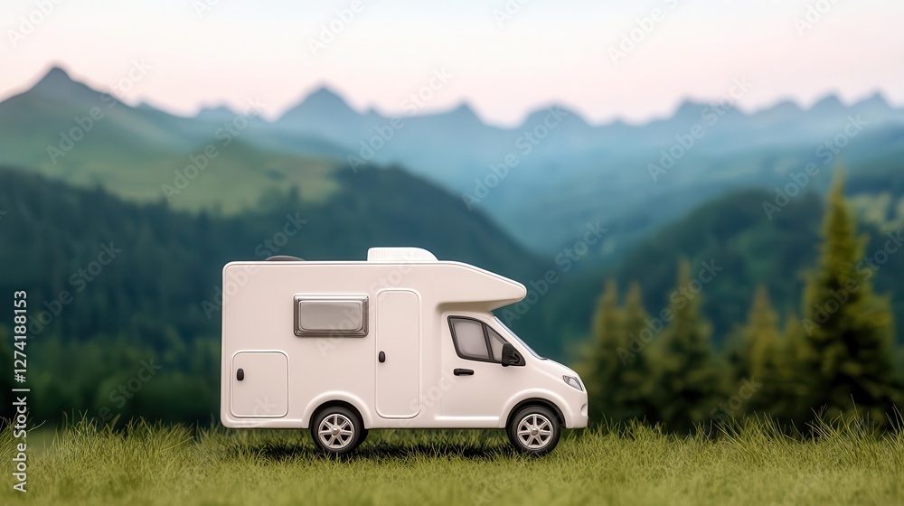 Modern camper with panoramic windows and a smooth, seamless exterior design Modern camper with panoramic windows and a smooth, seamless exterior design